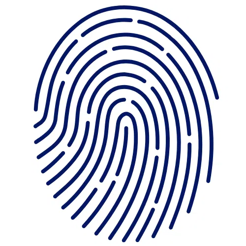 A simple blue fingerprint illustration with curved and circular lines forming a distinct pattern on a white background.