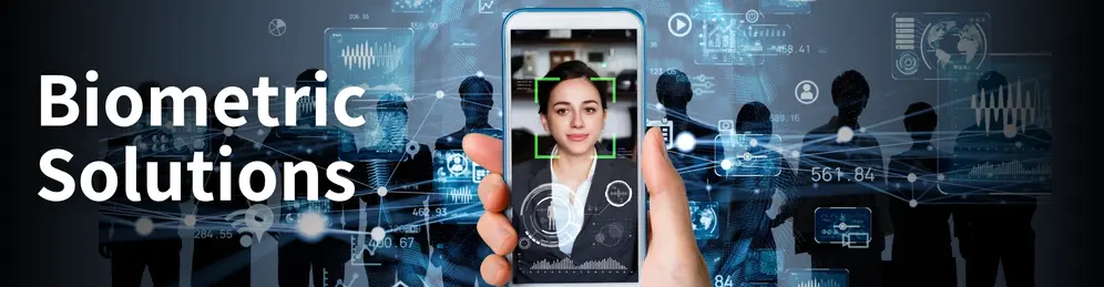 A hand holds a smartphone showing facial recognition, with digital biometric icons and silhouettes of people in the background. Text reads "Biometric Solutions.