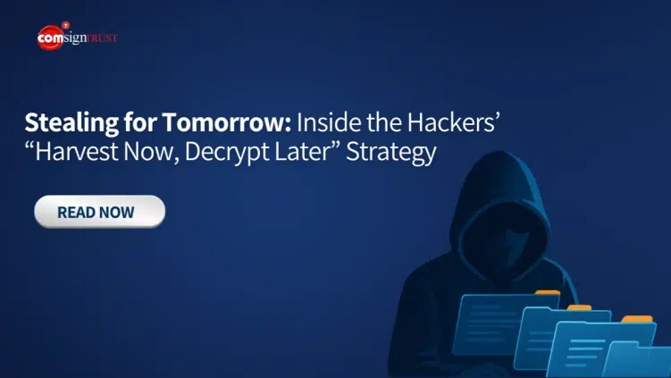 A graphic showing a hooded figure at a computer with the text: "Stealing for Tomorrow: Inside the Hackers’ 'Harvest Now, Decrypt Later' Strategy" and a "Read Now" button.