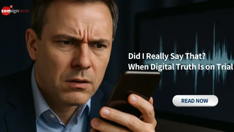A man looks intently at his smartphone with a concerned expression. Text beside him reads: “Did I Really Say That? When Digital Truth Is on Trial.”.