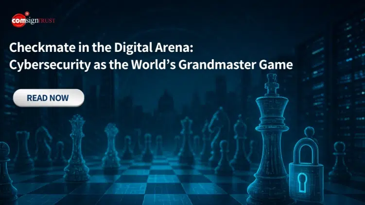 A digital chessboard with a king piece and a padlock symbolizes cybersecurity, with the text "Checkmate in the Digital Arena: Cybersecurity as the World's Grandmaster Game.