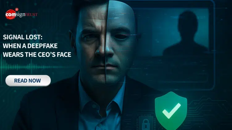 A man’s face is split in half, one side showing a realistic human, the other a digital mask, representing deepfake technology; “Read Now” and text about CEO deepfakes appear on the left.