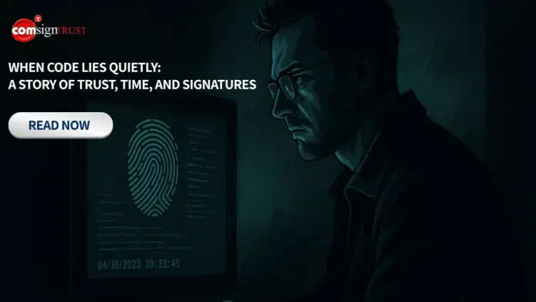 A man in glasses looks at a computer screen displaying a fingerprint and data, with the text "When Code Lies Quietly: A Story of Trust, Time, and Signatures" and a "Read Now" button.
