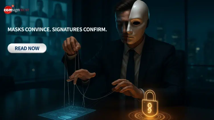 A person in a suit wearing a white mask manipulates strings above a digital document, with a glowing padlock and signature icon in the foreground. Text reads, "MASKS CONVINCE. SIGNATURES CONFIRM.