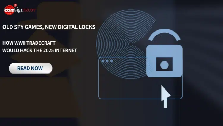 A digital padlock icon with text: "Old Spy Games, New Digital Locks: How WWII Tradecraft Would Hack the 2025 Internet" and a "Read Now" button on a dark background.