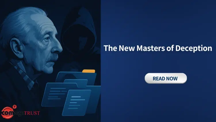 An elderly man and a hooded figure with digital files overlayed, next to the text "The New Masters of Deception" and a "Read Now" button.