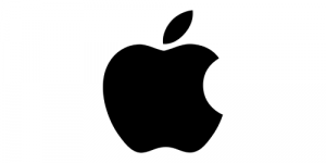 Black Apple logo with a bite taken out of the right side and a leaf above, centered on a white background.