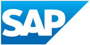 SAP logo featuring bold white letters "SAP" on a blue gradient background with a right-facing triangular cut on the bottom right.
